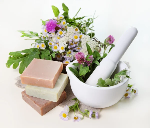 Herbs in Mortar with Soap — Stock Photo, Image