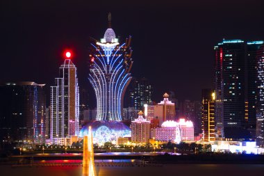 Macao cityscape with famous landmark of casino skyscraper and br clipart
