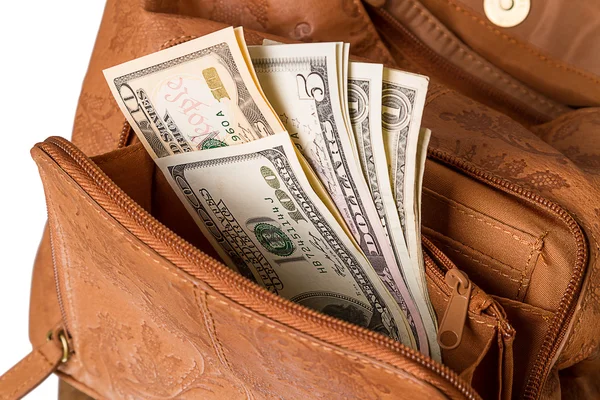 Доллары в женской сумочке — стоковое фото