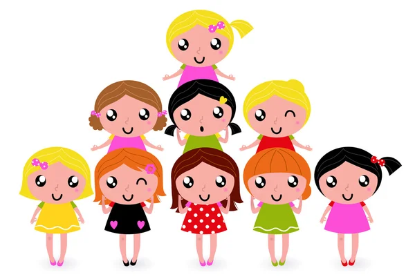 Beyaz izole mutlu küçük kızlar grup — Stok Vektör