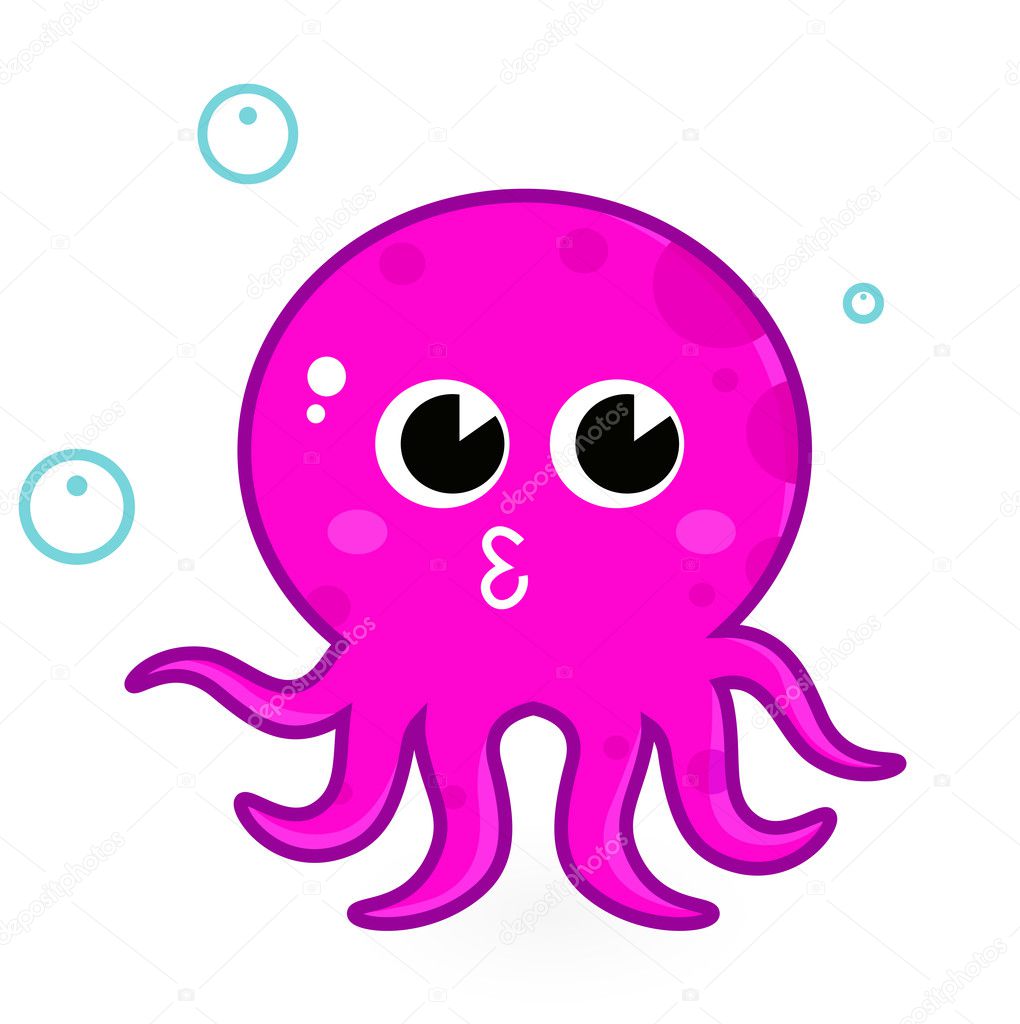 Pink cartoon octopus isolated on white