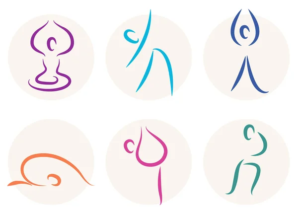 Figura de palo de yoga iconos o símbolos aislados en blanco — Vector de stock