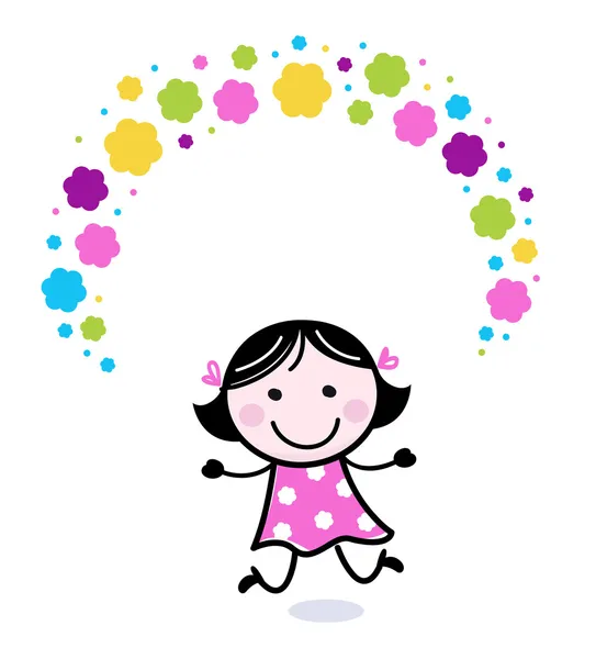 Cute doodle girl juggling with flowers — Stock Vector