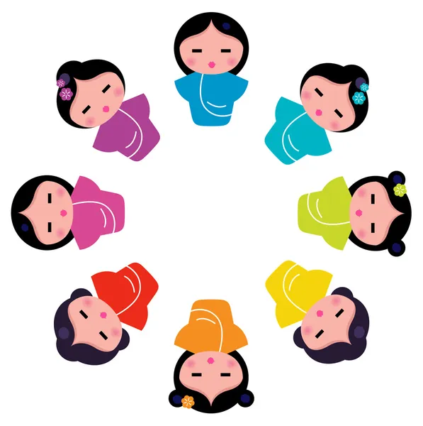 Mignon japonais kokeshi poupées en cercle — Image vectorielle