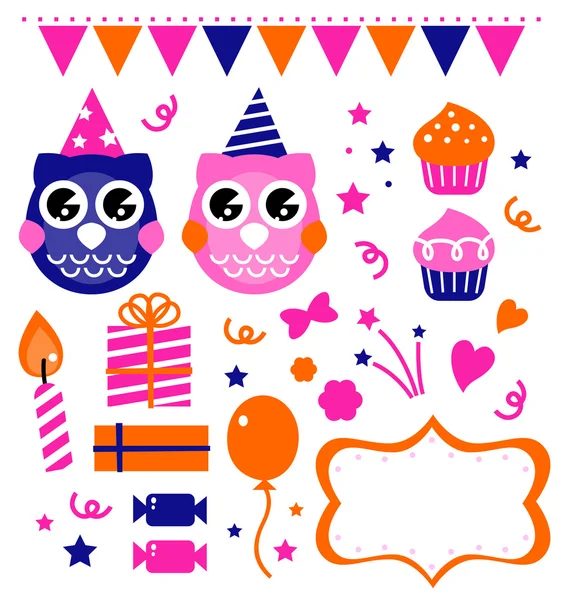 Owl birthday party design elements — Stock Vector