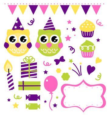 Owl birthday party design elements isolated on white clipart