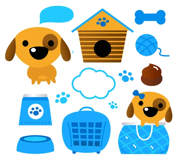 Honden accessoires set geïsoleerd op wit (blauw ) — Stockvector