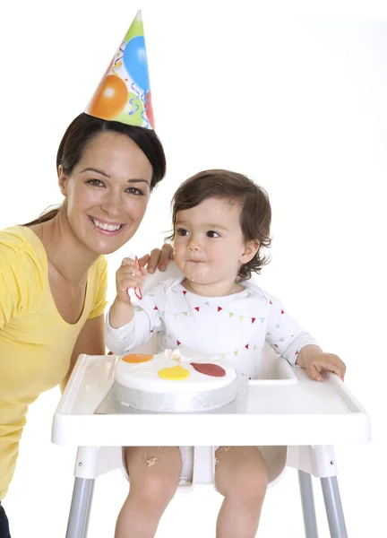 Baby and mum celebrating birthday — Stock Photo, Image