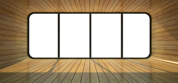 Camera vuota in legno con grande finestra — Foto Stock