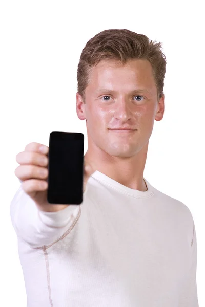 Vita affärsmannen innehar en mobiltelefon — Stockfoto