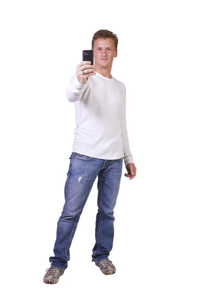Geschäftsmann macht ein Foto mit seinem Handy — Stockfoto