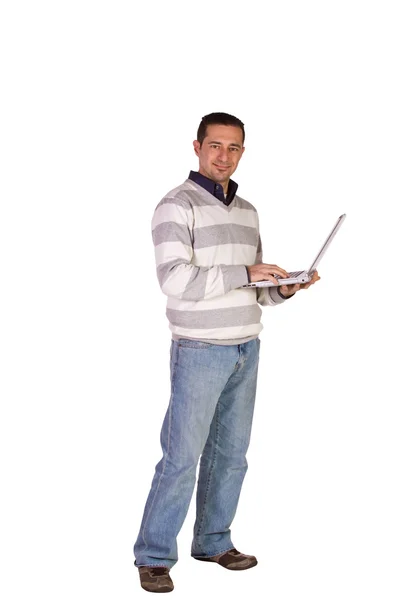 Affärsman poserar med sin laptop — Stockfoto
