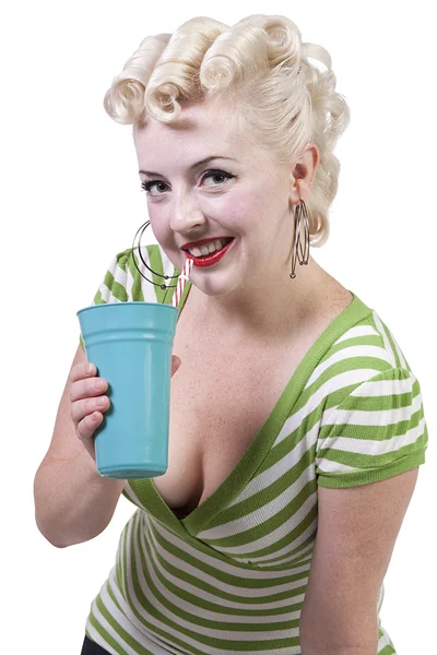 Woman in pin-up dress drinking - Isolated — Stock Photo, Image