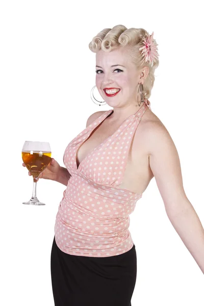 Woman in pin-up dress drinking - Isolated — Stock Photo, Image