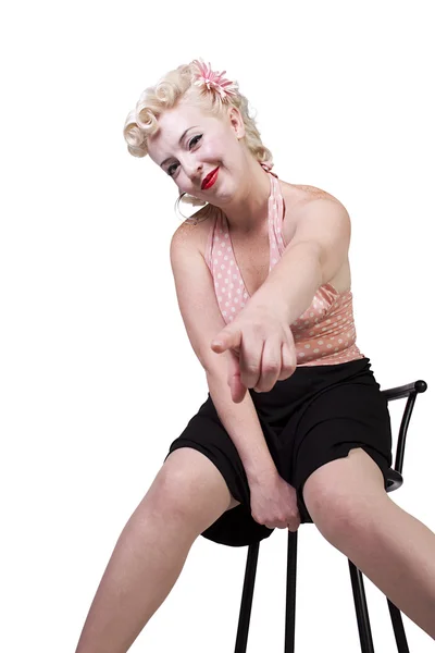 Woman in pin-up dress pointing finger to the camera — Stock Photo, Image