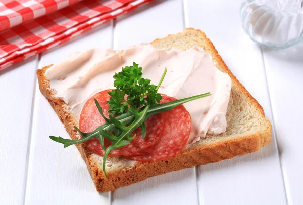 Bread with ham spread and salami — Stock Photo, Image