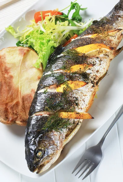 Lemon dill trout with baked potato — Stock Photo, Image