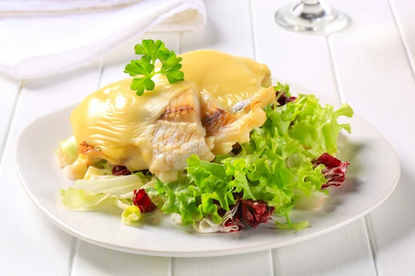 Cheese topped fish fillets with salad — Stock Photo, Image