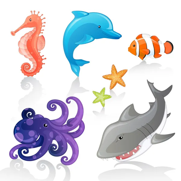 Conjunto de criaturas do mar dos desenhos animados vetoriais — Vetor de Stock