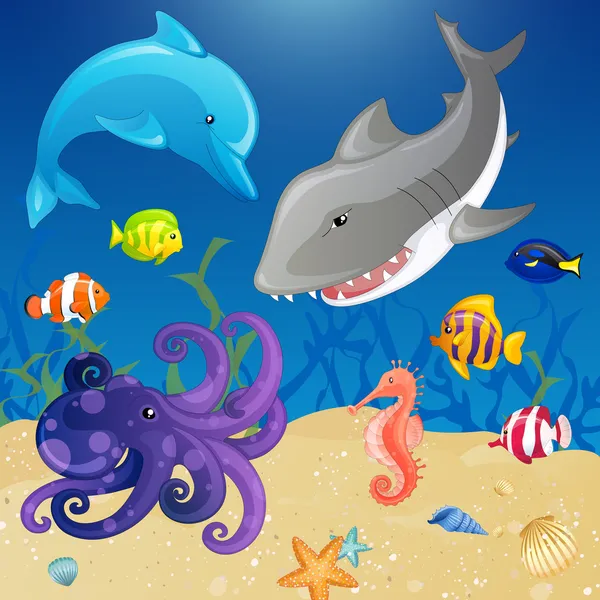 Vektor rajzfilm tengeri lények csoportja — Stock Vector