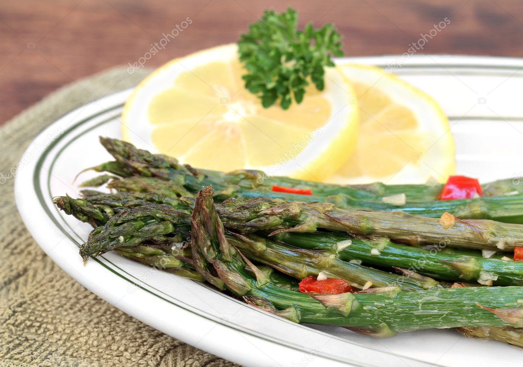 Roasted asparagus, macro with selective focus.