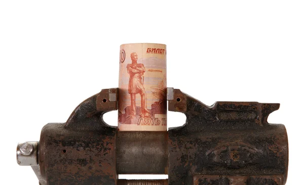 Allegory of the global financial crisis - ruble in the grip of economic crisis, on a white background — Stock Photo, Image