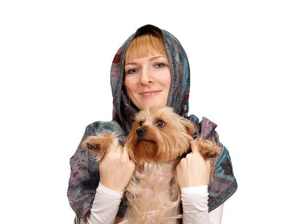 Girl with a Yorkshire terrier on a white background — Stock Photo, Image