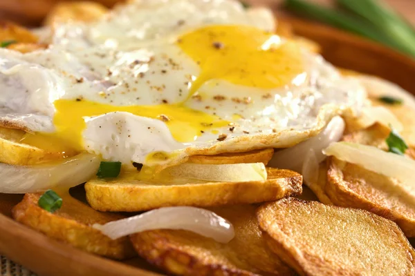 Ovo frito em batatas fritas — Fotografia de Stock