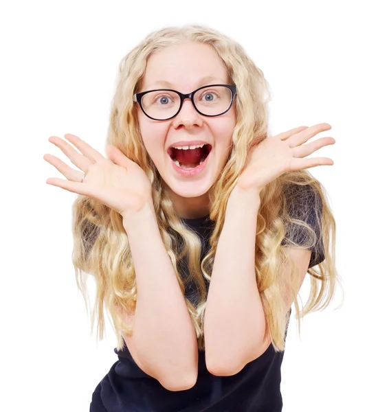 ब्लॅक चष्मा मध्ये खूप आनंद झाला गोरा मुलगी — स्टॉक फोटो, इमेज