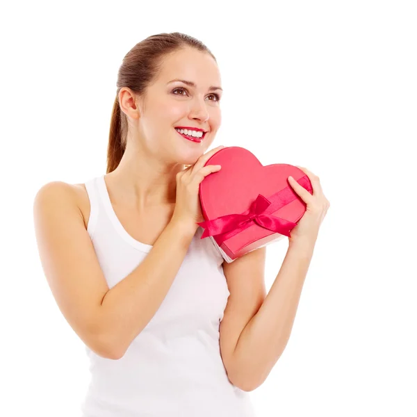 Happy beautiful woman with gift — Stock Photo, Image