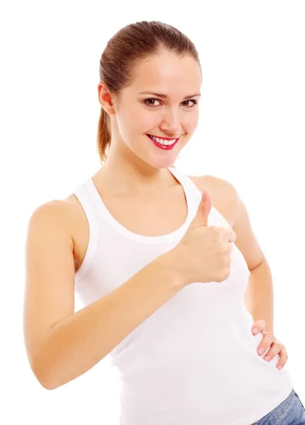 Joyful young woman in white showing OK sign — Stock Photo, Image