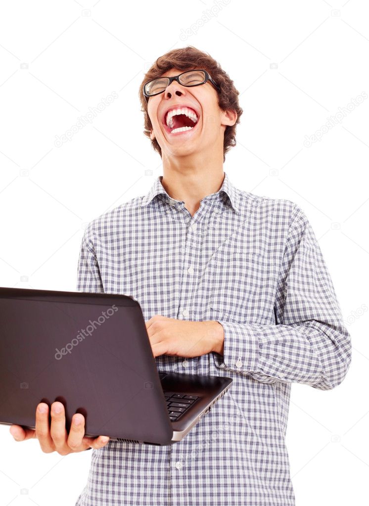 Laughing funny guy with laptop