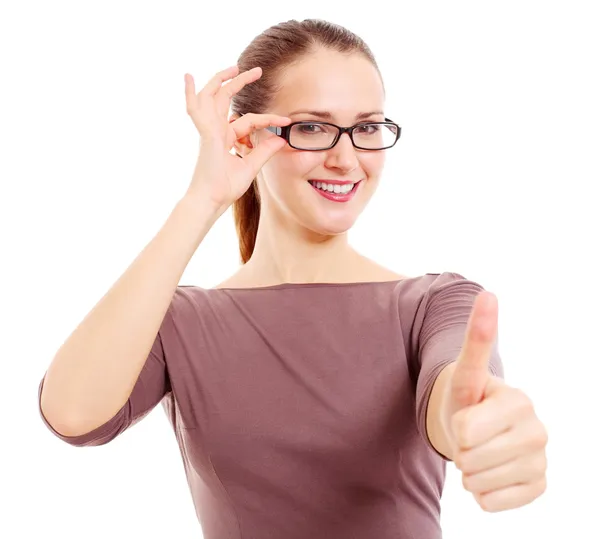 Menina com óculos mostrando sinal OK — Fotografia de Stock