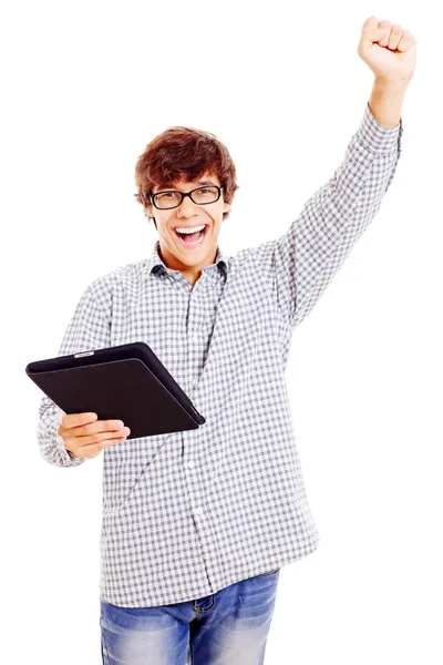 Щасливий молодий чоловік з планшетним ПК — стокове фото