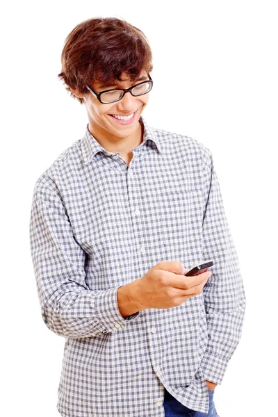 College man met mobiele telefoon in zijn hand — Stockfoto