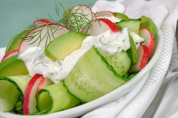 Krema soslu turp ve avokado, salatalık salatası — Stok fotoğraf