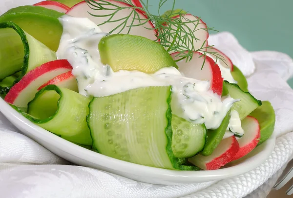 Cucumber salad with radish and avocado cream sauce — Stock Photo, Image
