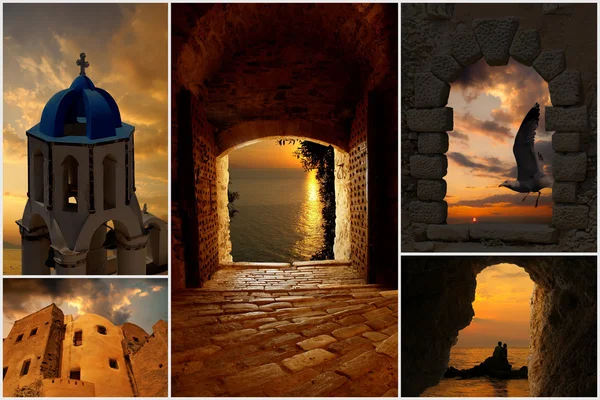 Набір фотографій літо на заході сонця на острові Санторіні, Греція — стокове фото