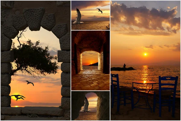 Set di foto estive al tramonto nell'isola di Santorini, Grecia — Foto Stock