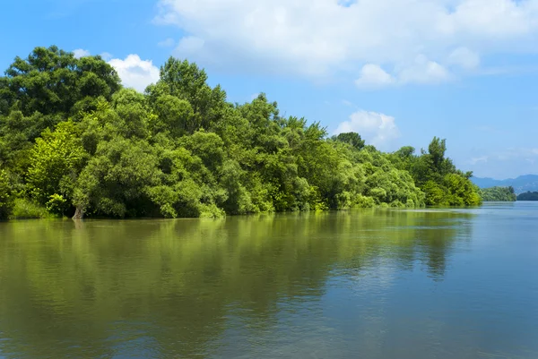 El río con una corriente tranquila y nubes reflejadas en él —  Fotos de Stock