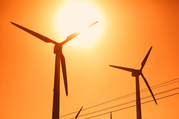 Turbine eoliche elettriche sagome fattoria su sfondo sole — Foto Stock