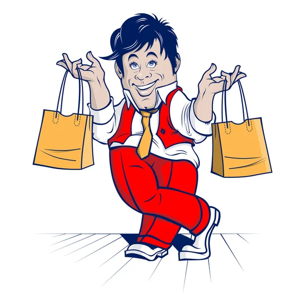 Hombre de compras de dibujos animados. gran venta — Vector de stock