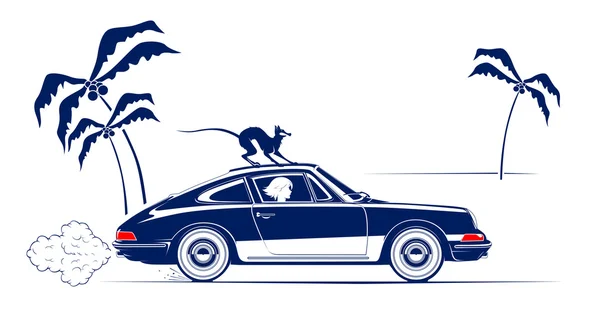 Menina no carro retro e gato no telhado —  Vetores de Stock