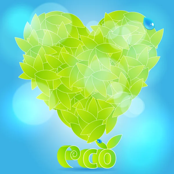Beautiful, glittering heart from leaves with water drops — Stock Vector