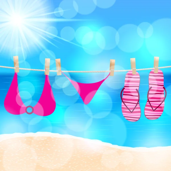 Flip-flops and swimsuit hanging on a rope — Stock Vector