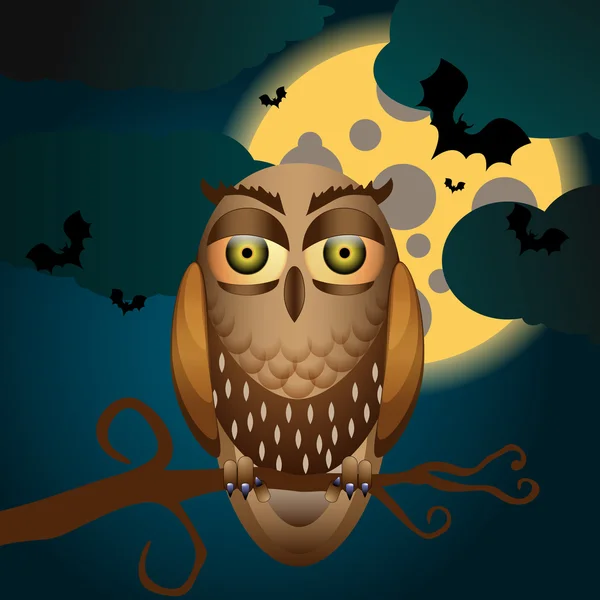 Roztomilá halloween ilustrace s úplňkem, netopýry a sova — Stockový vektor