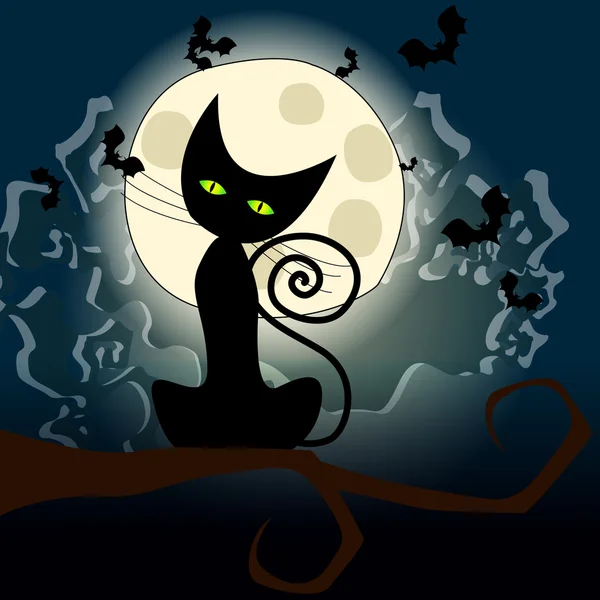 Graziosa illustrazione di Halloween con luna piena, pipistrelli e gatto nero — Vettoriale Stock
