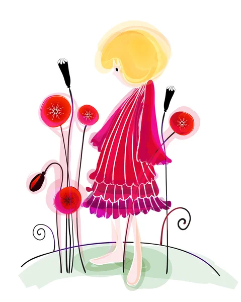 可爱的女孩与罂粟花 — 图库矢量图片