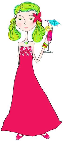 Mignon fille d'été avec verre à cocktail — Image vectorielle