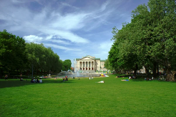 stock image Park and fountain before opera house in Poznan